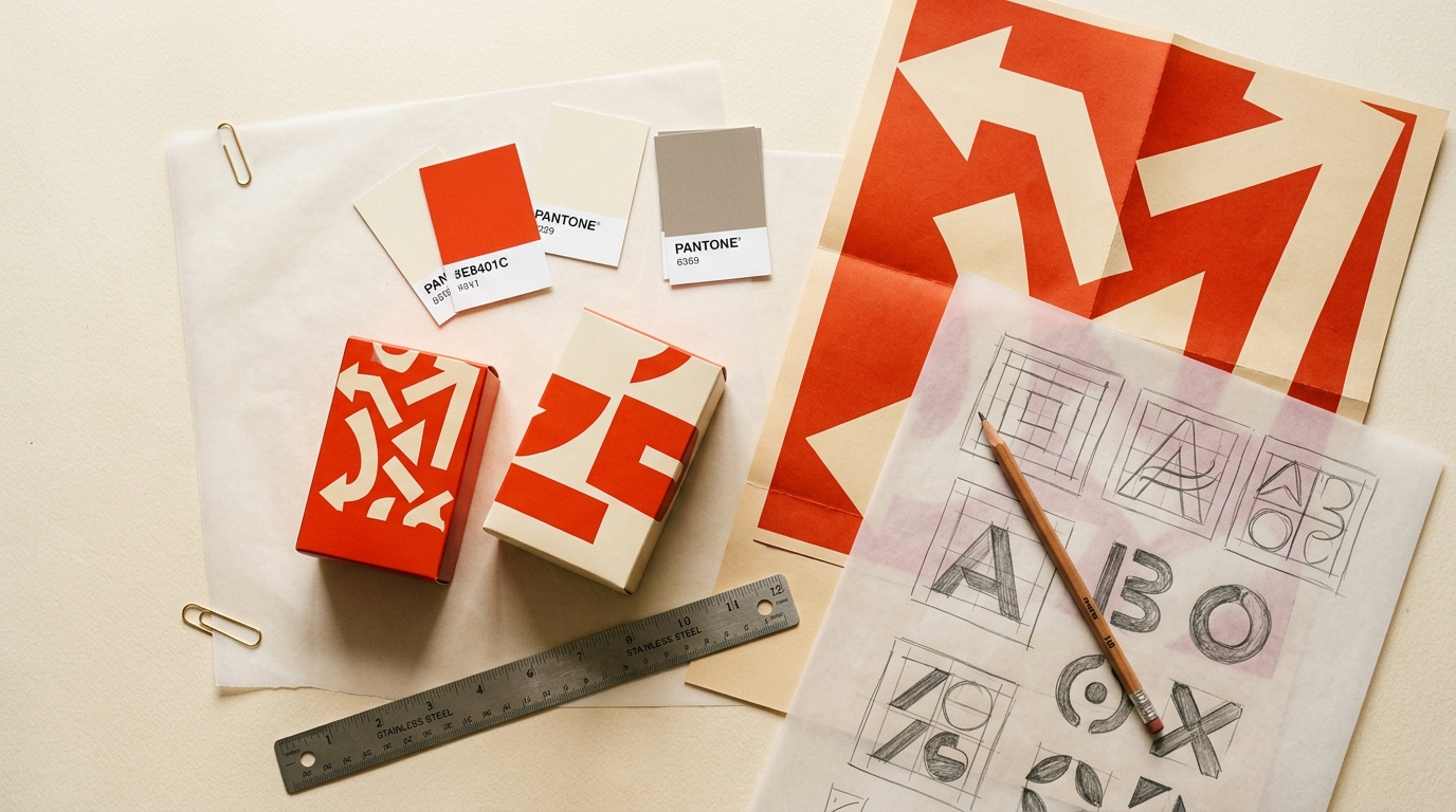 Proses desain brand identity INDIE Brand — eksplorasi arah visual, warna, dan tipografi
