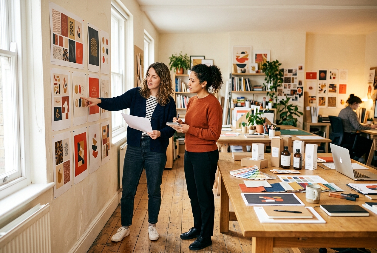 Suasana kerja studio INDIE Brand — review arah visual di dinding studio